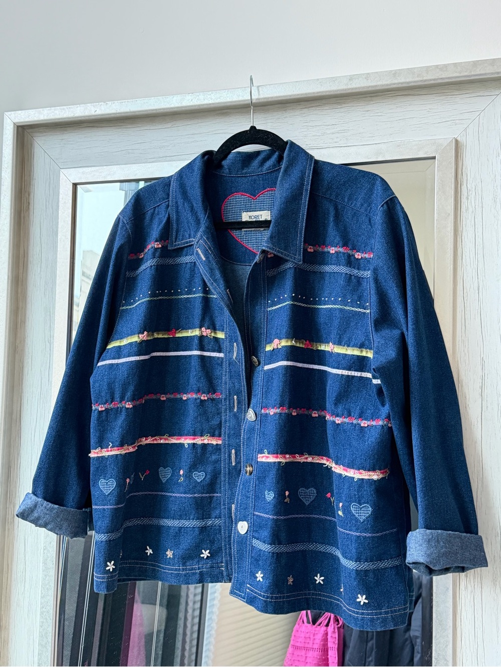 Denim Jacket with Ribbon and Embroidery Details